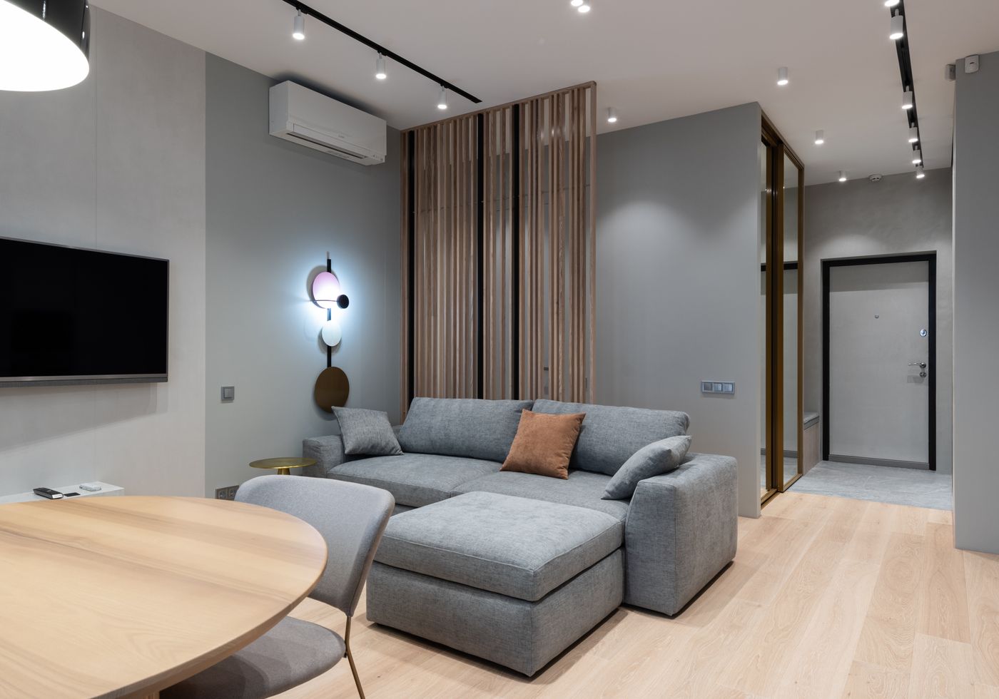 Modern living room with wall-mounted split air conditioner